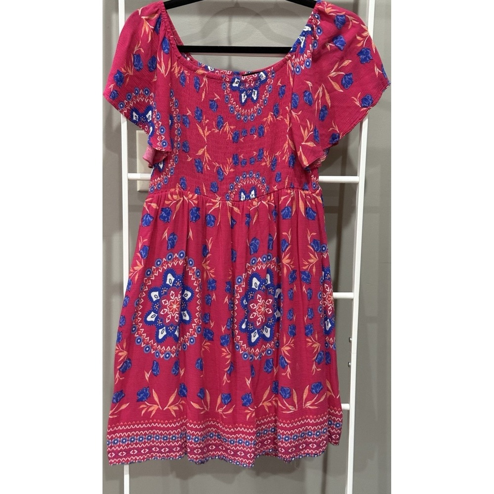 Sequin Hearts Pink Blue Boho Floral Smocked Flutter Sleeve Sundress Festival M